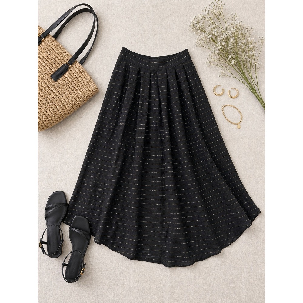 FRNCH Black Gold Metallic‎ Pinstripe Pleated Maxi Skirt XS High Waisted